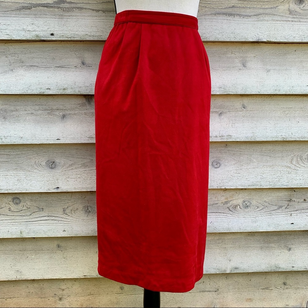 Vintage 80s Red Vegan Faux Suede Leather High Waisted Fitted Midi Pencil Skirt